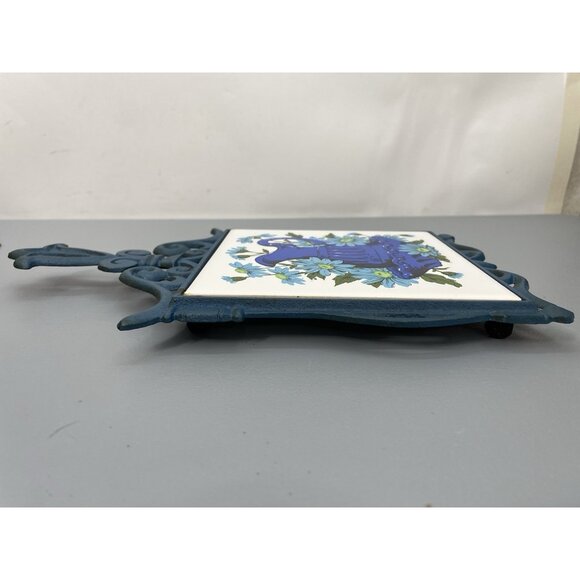 Vintage FM Trivet Cast Metal Ceramic Tile Hot Plate Floral Blue Made in Japan - Picture 4 of 6